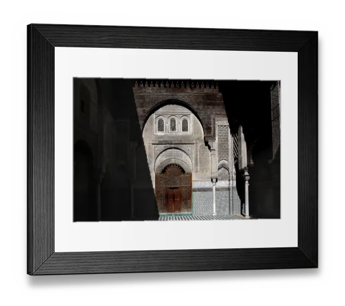 Framed Print : Magnificent Medersa Attarine architecture with ornate wooden doors and decorations