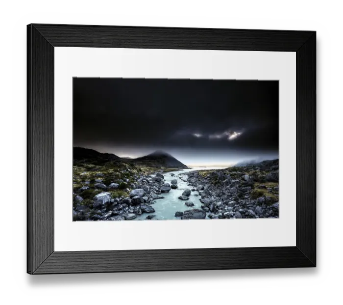 Framed Print : River course and rocky landscape under a dramatic sky in Hocker Valley
