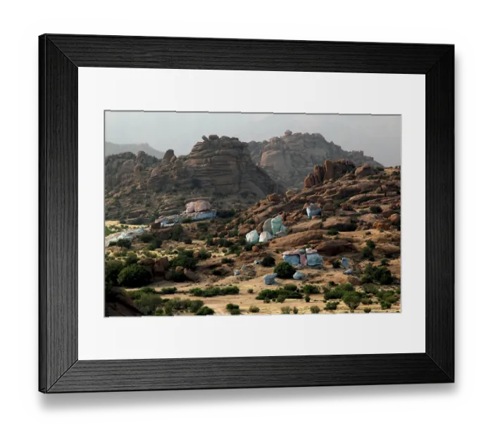 Framed Print : View of painted rocks by Jean Verame in the mountainous landscape of Tafraoute Framed Print : View of painted rocks by Jean Verame in the mountainous landscape of Tafraoute