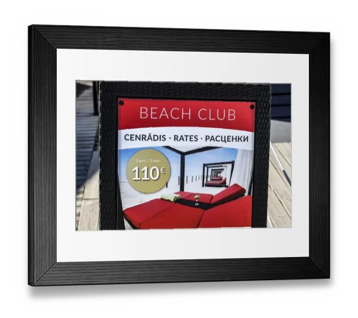 Framed Print : Beach club price table with information in several languages