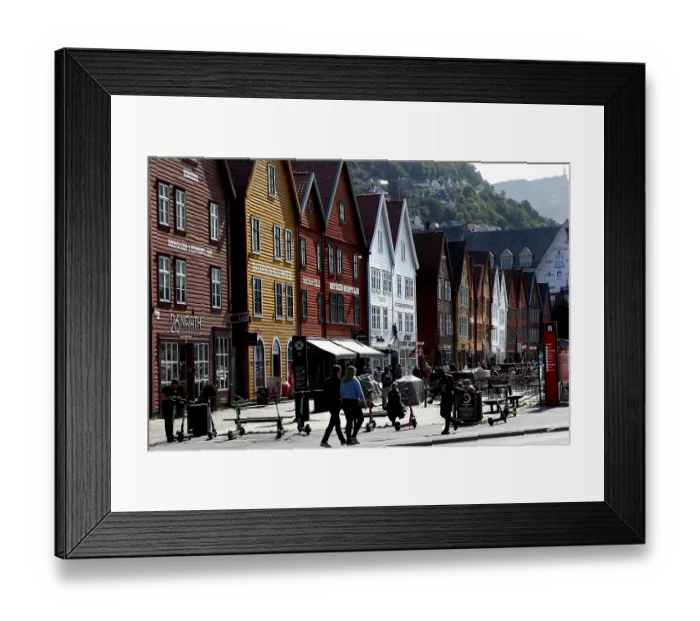 Framed Print : Historic wooden houses in Bergen Hanseatic Quarter in sunny weather