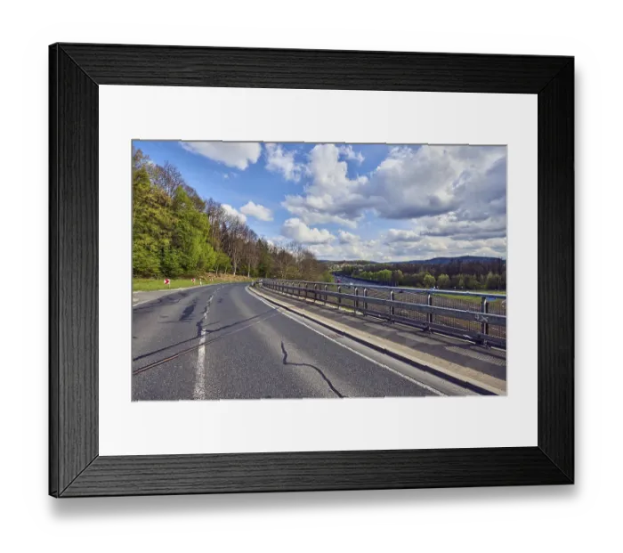 Framed Print : Road, curve, guide post, guardrail