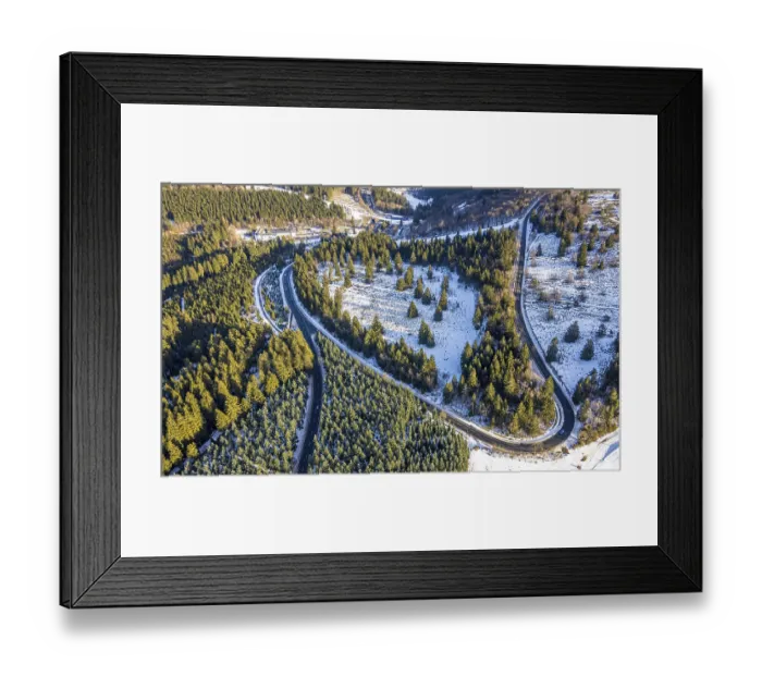 Framed Print : Aerial view, forest area in snow and Hochsauerlnad HohenstraBe L540