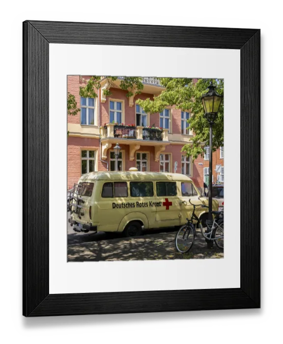 Framed Print : Vintage German Red Cross car on Bassinplatz in Potsdam