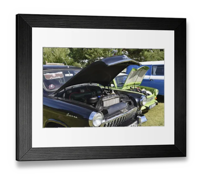 Framed Print : Volga GAZ-24 and Trabant 601 car engine at Oldtimer Ausstellung
