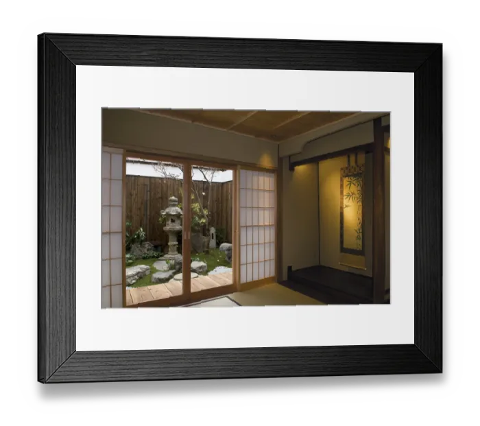 Framed Print : Traditional home interior, living room with sliding doors looking into a Japanese garden
