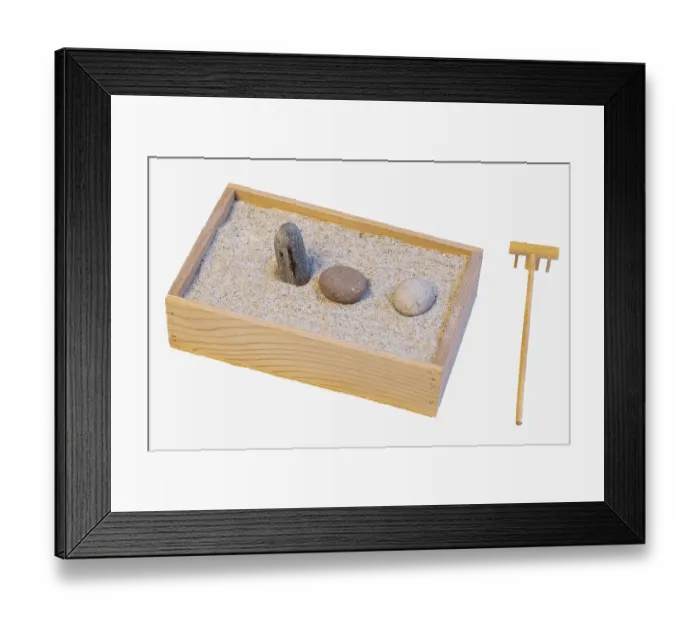 Framed Print : Karesansui, mini zen rocks gar den wih sand and rake