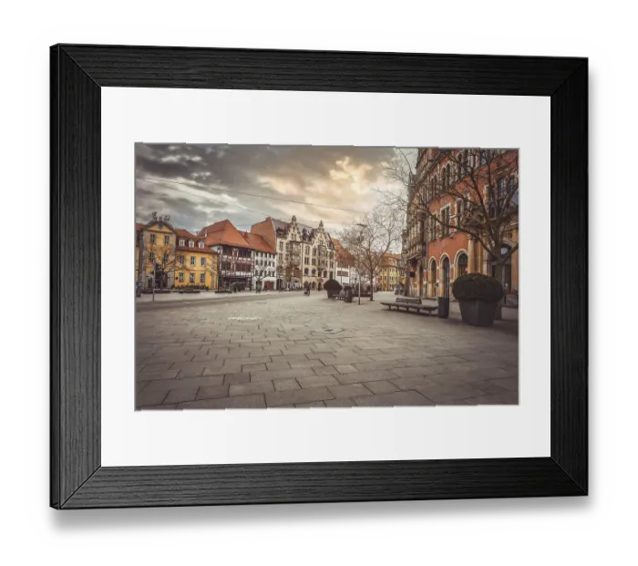Framed Print : Historic city square in Erfurt Germany with colorful facades and old architecture under evening sky