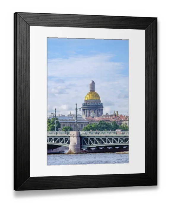 Framed Print : City view with golden dome and bridge over water under blue sky