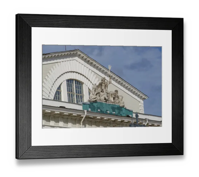 Framed Print : Roof of a historic building with Poseidon sculptures against a cloudy sky