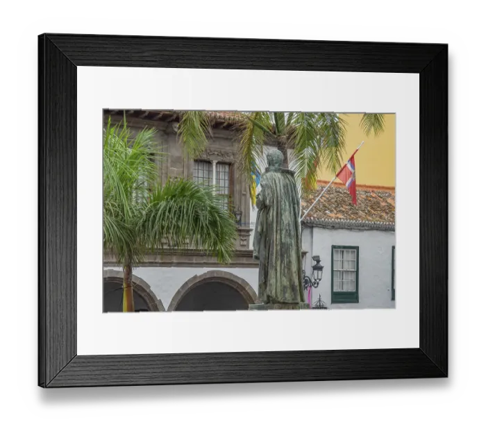 Framed Print : Statues and palm trees in front of colonial building with flags in a square