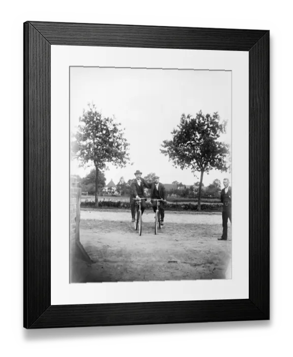 Framed Print : Men with bicycles, cyclists, hat, ca Framed Print : Men with bicycles, cyclists, hat, ca
