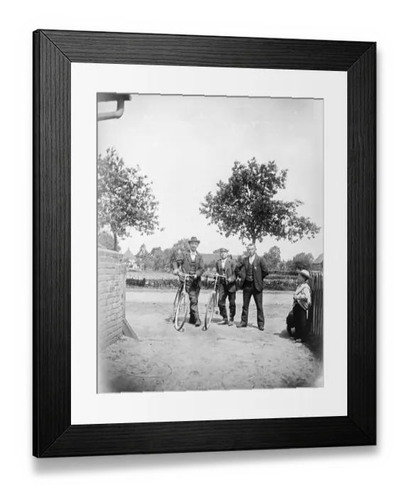 Framed Print : Men with bicycles, cyclists, hat