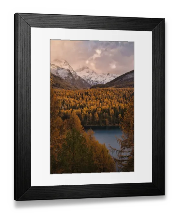 Framed Print : Lake and trees in autumn colors in front of mountains