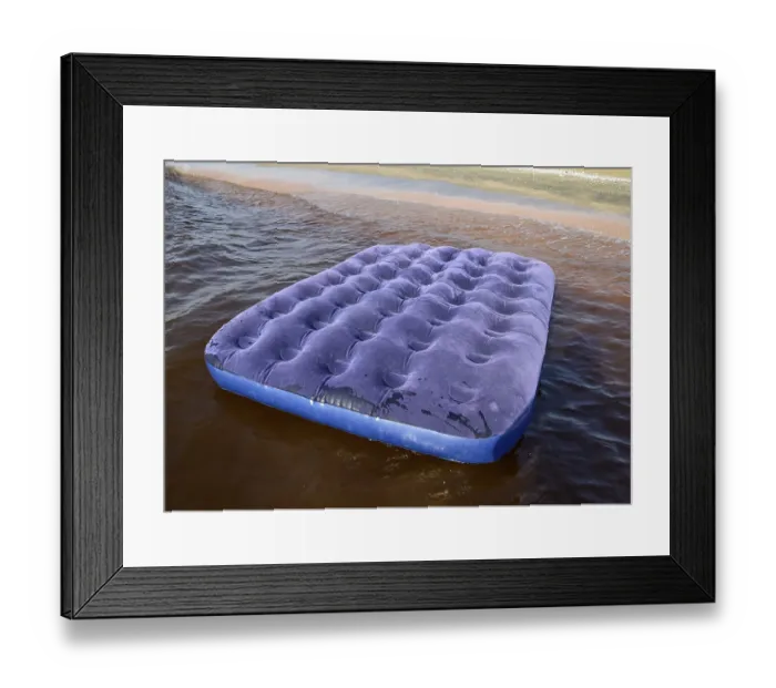 Framed Print : Blue inflatable mattress swimming in the pond Framed Print : Blue inflatable mattress swimming in the pond