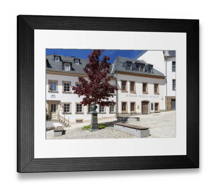 Framed Print : Karlsplatz with Adam Ries House and Memorial in Annaberg
