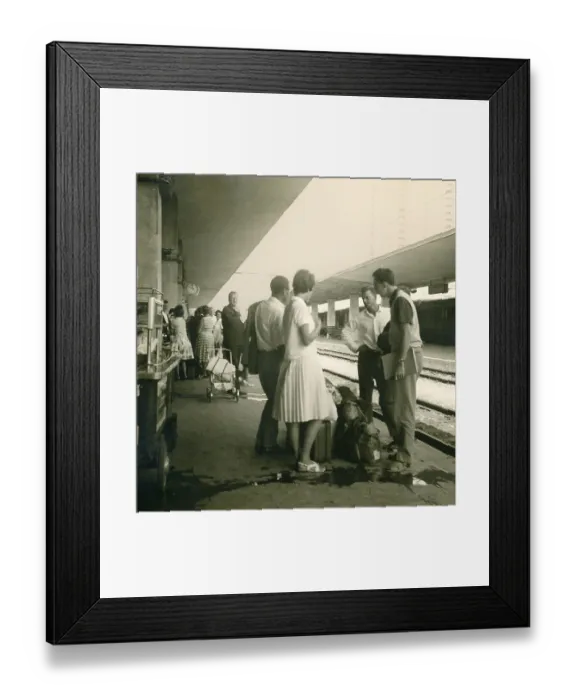 Framed Print : Historical photo summer 1961, tourists in front of returning home at Rimini train station Framed Print : Historical photo summer 1961, tourists in front of returning home at Rimini train station