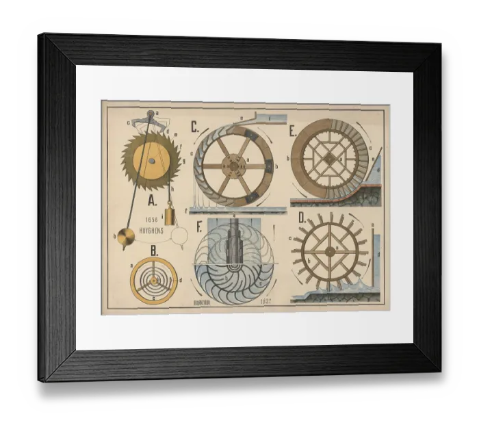 Framed Print : Technical drawings of clockworks and water wheels marked by the names Huyghens and Fourneyron as well as dates Framed Print : Technical drawings of clockworks and water wheels marked by the names Huyghens and Fourneyron as well as dates
