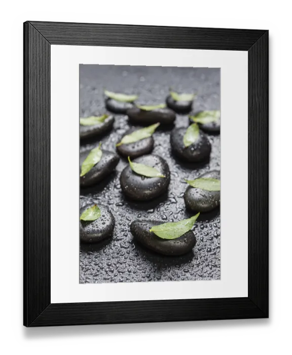 Framed Print : Several black basalt massage stones with green leaves on them