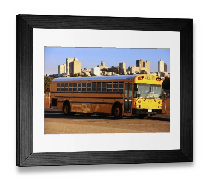 Framed Print : Traditional yellow school bus in San Francisco