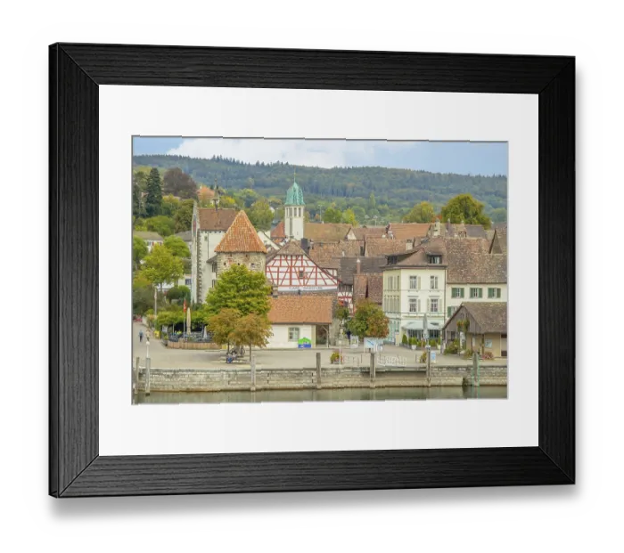 Framed Print : Rhine promenade with witch tower and Sacred Heart Church in Stein am Rhein