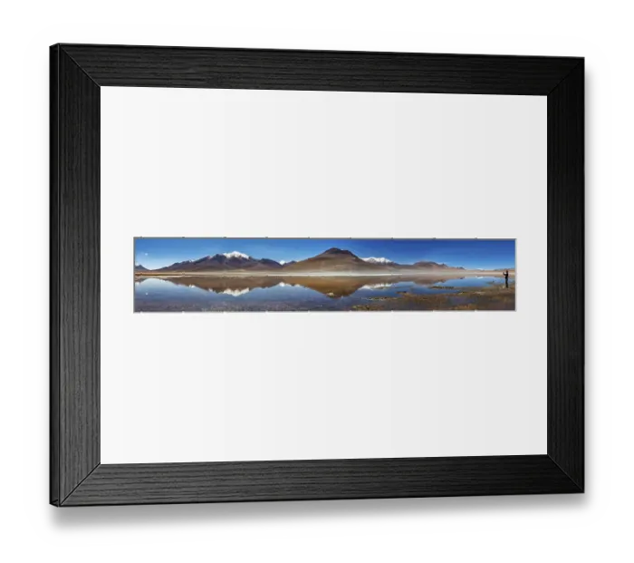Framed Print : Wide panorama of mountains with reflecting lake and clear sky above the scene Framed Print : Wide panorama of mountains with reflecting lake and clear sky above the scene