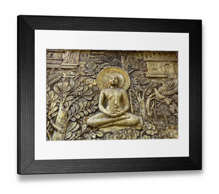 Framed Print : Relief depiction of Buddha in meditation surrounded by plants and architectural details Framed Print : Relief depiction of Buddha in meditation surrounded by plants and architectural details