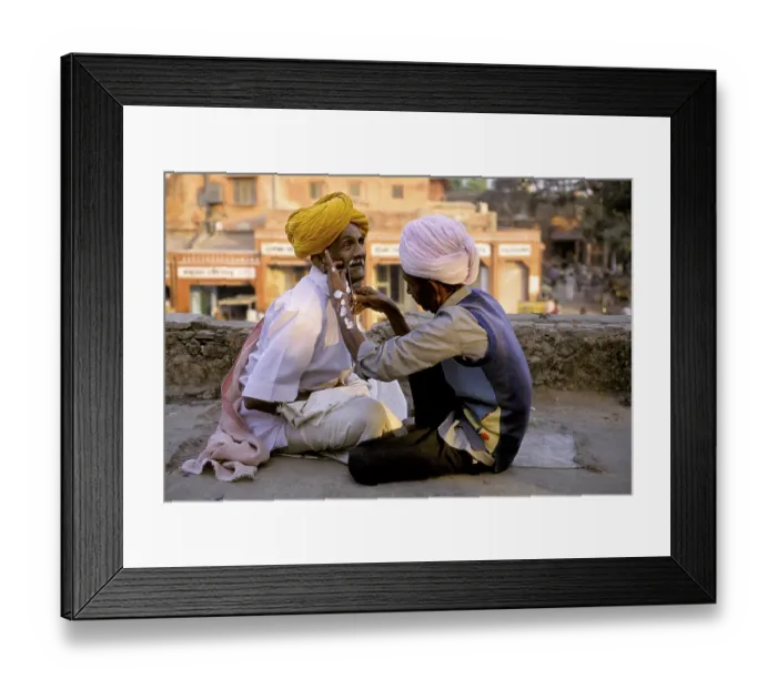 Framed Print : Barber shaving a man on the street - Jaipur - Rajasthan - India