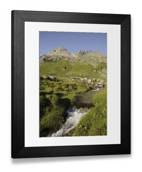 Framed Print : Mountain stream, mountains, peaks