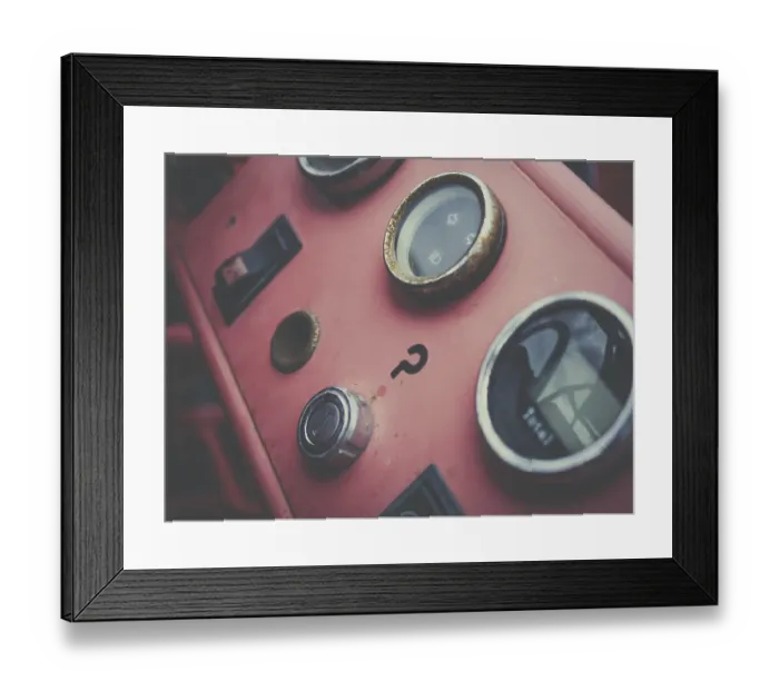 Framed Print : A view of the dashboard or instrument panel of an old vintage and antique car