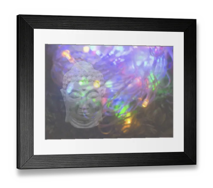 Framed Print : Buddha head on colourful psychedelic light background copy space Framed Print : Buddha head on colourful psychedelic light background copy space