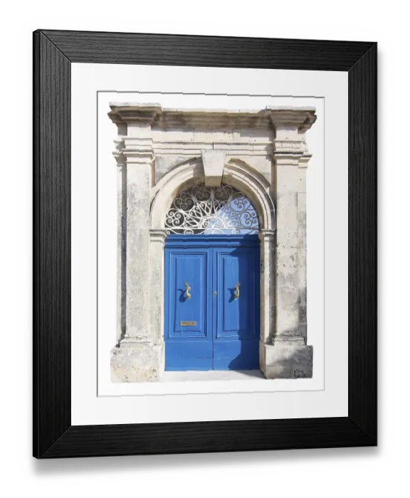 Framed Print : Blue door with white iron lace