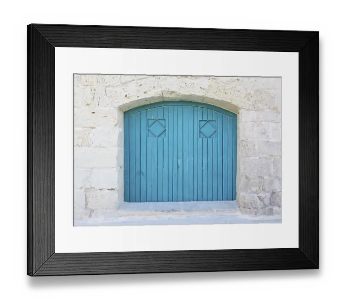 Framed Print : Turquoise blue wood door. Painted doors of Malta series