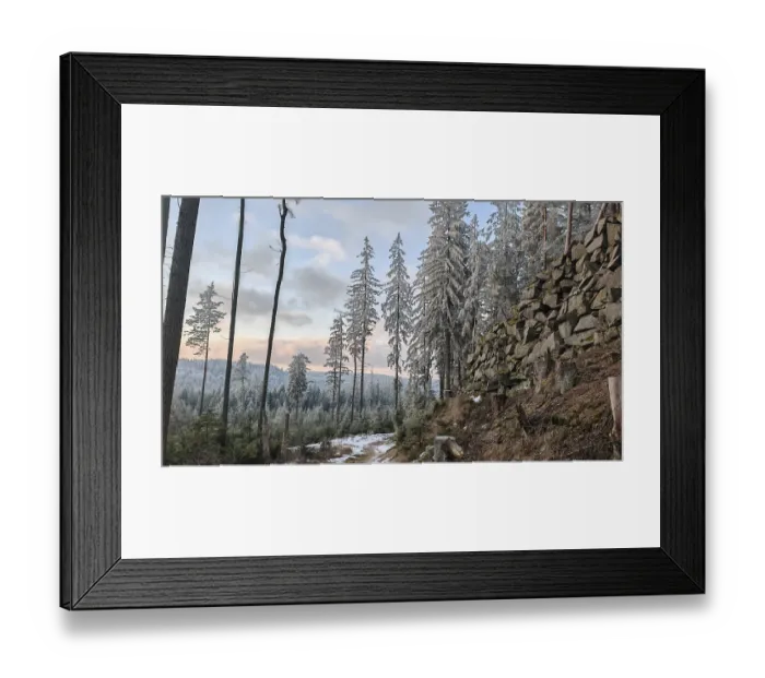 Framed Print : Wintery forest with snow-covered trees and rock formations under cloudy sky