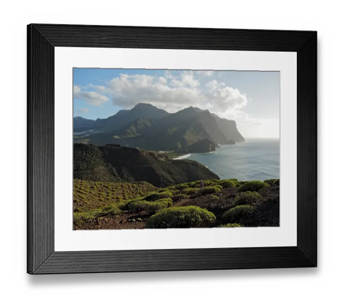 Framed Print : Coastal landscape with mountains and sea in soft light of evening sun Framed Print : Coastal landscape with mountains and sea in soft light of evening sun