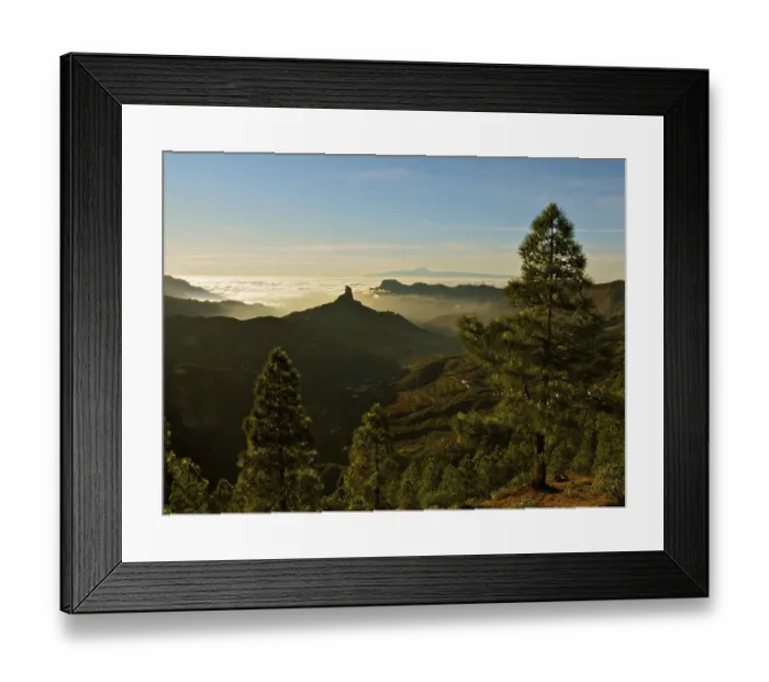 Framed Print : Panoramic view with pine trees on mountains under a glowing sunset