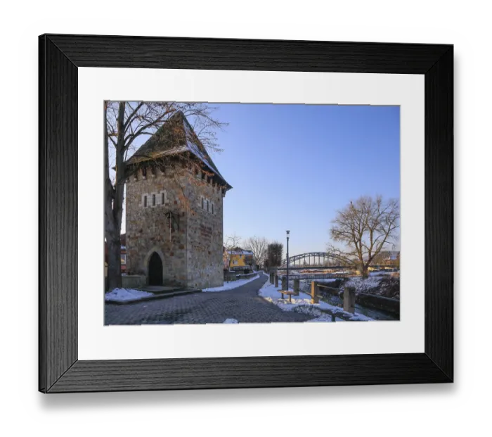 Framed Print : City wall with tower, Hindenburg bridge over the Weser Framed Print : City wall with tower, Hindenburg bridge over the Weser
