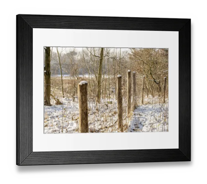Framed Print : Borken, NRW, Germany, Wooden fence posts with wire in snowy winter forest Framed Print : Borken, NRW, Germany, Wooden fence posts with wire in snowy winter forest