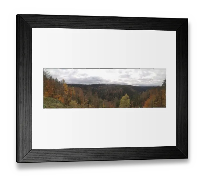 Framed Print : Panoramic view of an autumn forest with hills and cloudy sky Framed Print : Panoramic view of an autumn forest with hills and cloudy sky