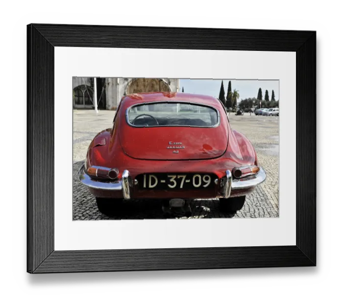 Framed Print : Red Jaguar E-Type classic car from behind in a square Framed Print : Red Jaguar E-Type classic car from behind in a square