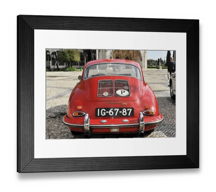 Framed Print : Red Porsche classic car seen from behind in a square Framed Print : Red Porsche classic car seen from behind in a square