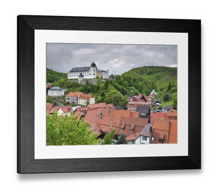 Framed Print : View of Stolberg with the castle and half-timbered houses of the historic old town