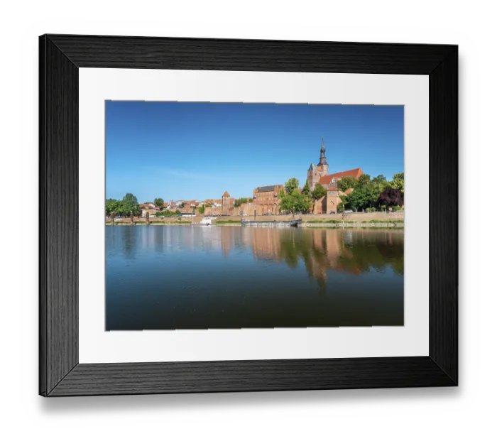 Framed Print : View across the Elbe harbor to the old town with St
