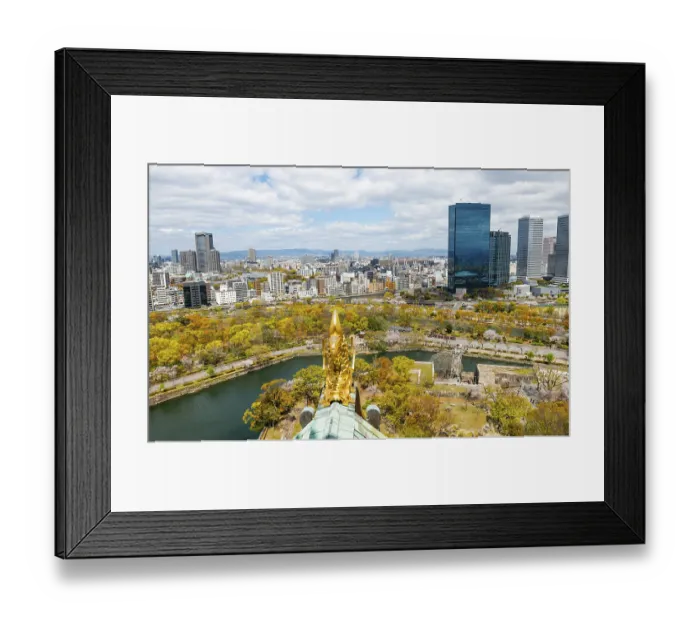 Framed Print : City view with skyscrapers and Osaka Castle Park with cherry blossoms