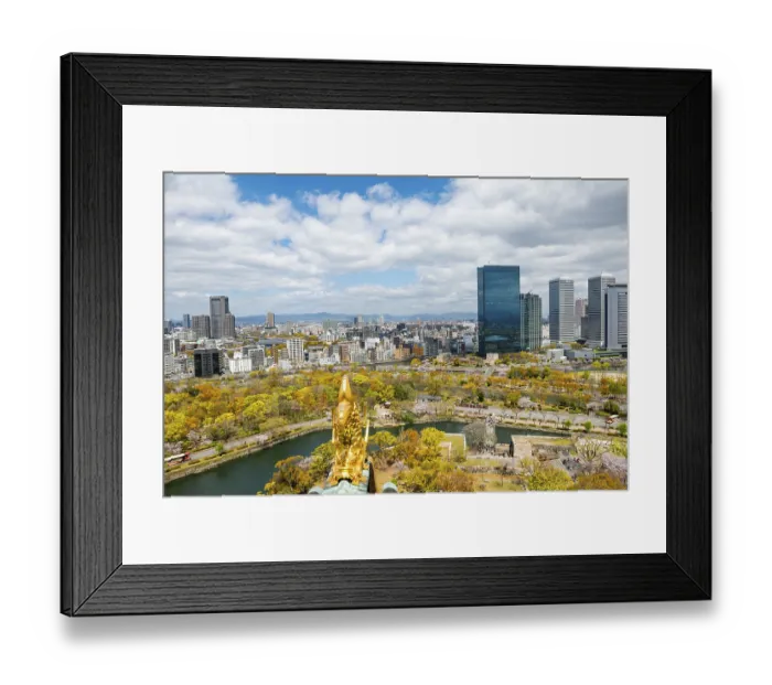 Framed Print : City view with skyscrapers and Osaka Castle Park with cherry blossoms