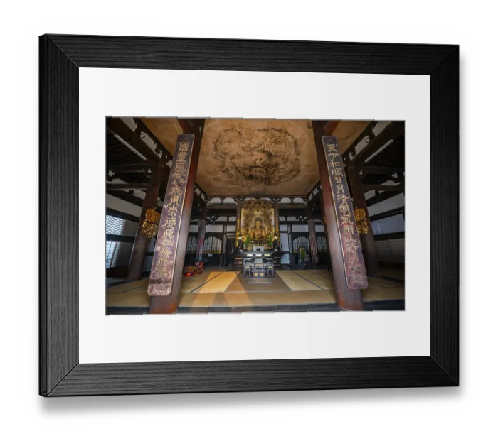 Framed Print : Interior view, golden Buddha figure and ceiling painting with dragon figure