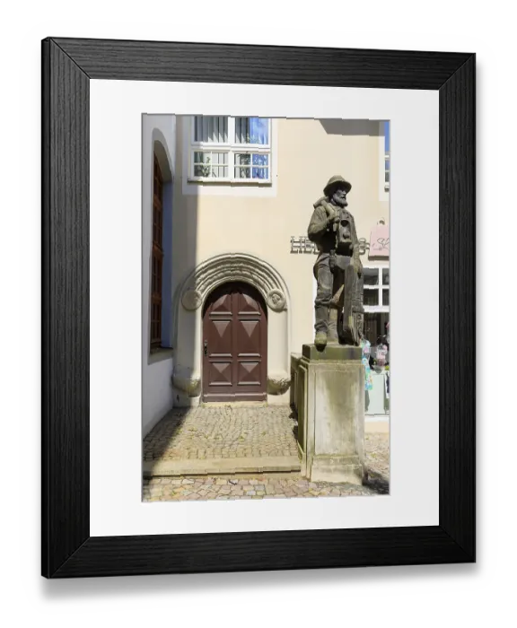 Framed Print : Bergmannsdenkmal, sandstone figure of a miner with coat of arms