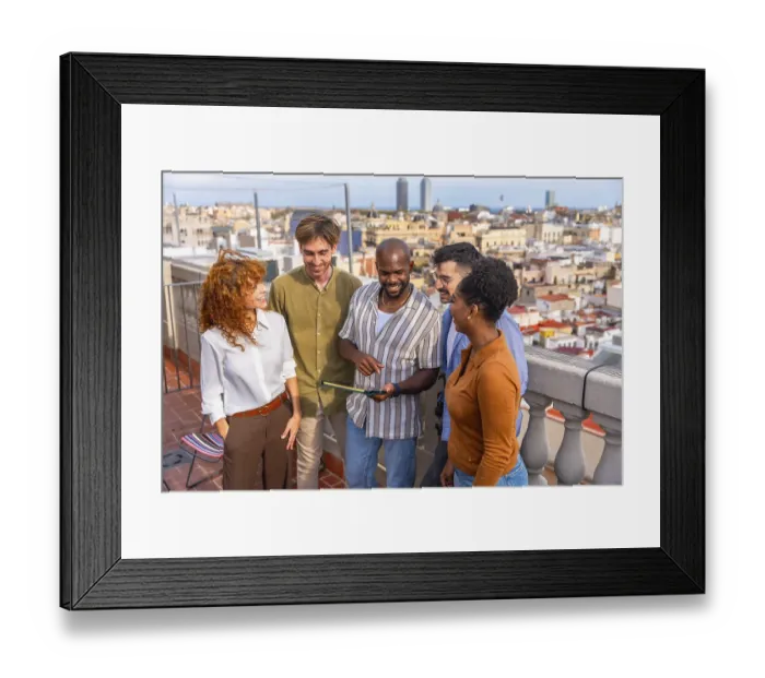 Framed Print : Five diverse business team colleagues discussing work Framed Print : Five diverse business team colleagues discussing work