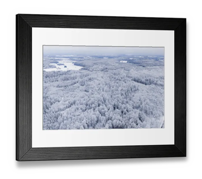 Framed Print : Snowy forest landscape seen from the air with dense trees Framed Print : Snowy forest landscape seen from the air with dense trees