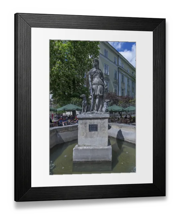 Framed Print : Statue of Diana with two dogs as fountain figures